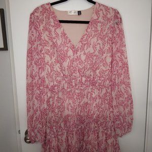 RD Style Pink Floral Long Sleeve Sheer Pleated Mini Dress/Long Blouse - Size M